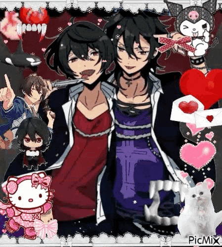 a couple of anime characters standing next to each other with a hello kitty cat .