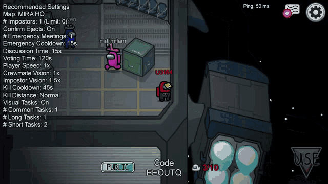 a screenshot of among us shows the recommended settings and ping