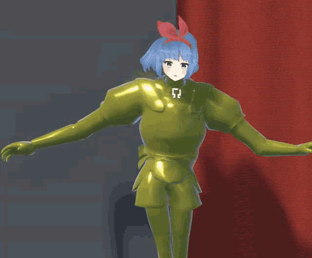 a 3d model of a girl with blue hair and a red bow