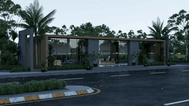 a building with a lot of windows is surrounded by palm trees and bushes