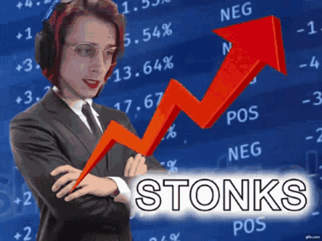 a man in a suit and tie stands in front of a stock chart that says stoniks