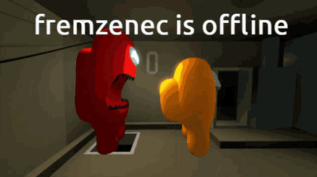 two among us characters are standing next to each other with the words " frenzenec is offline " written above them