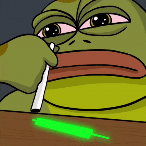 a cartoon frog is smoking a cigarette next to a green glow stick