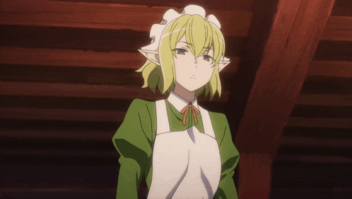 a girl with green hair and a white apron on