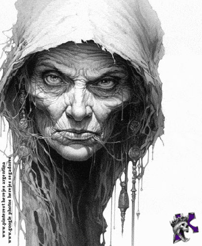 a black and white drawing of an old woman with a skull on the bottom