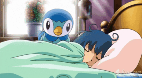 a cartoon of a girl sleeping with a blue penguin on her head