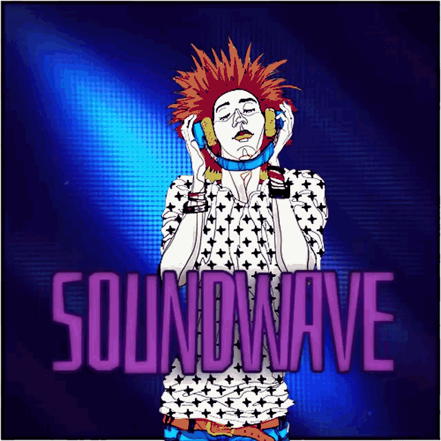 a cartoon drawing of a man wearing headphones with the words soundwave written below him