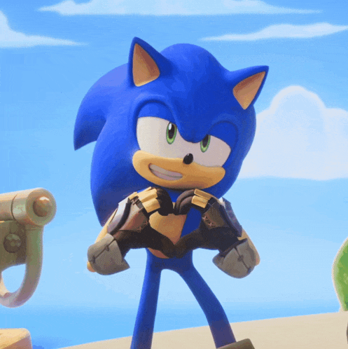 sonic the hedgehog is standing on a beach with a blue sky in the background