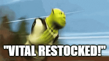shrek from shrek is running on a track with the words `` vital restocked '' .