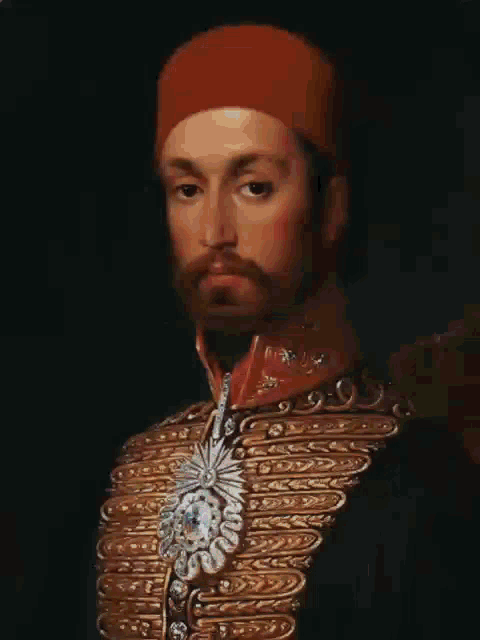a man with a beard wearing a red hat and gold uniform