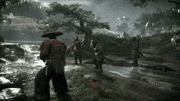 a man in a straw hat is standing next to a river in a video game scene .