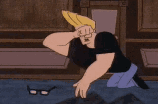 a cartoon character is kneeling down with a pair of glasses on the floor