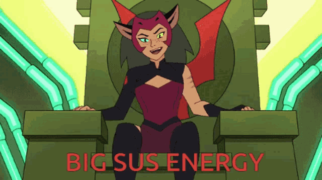 a cartoon character is sitting on a green throne with the words big sus energy written in red