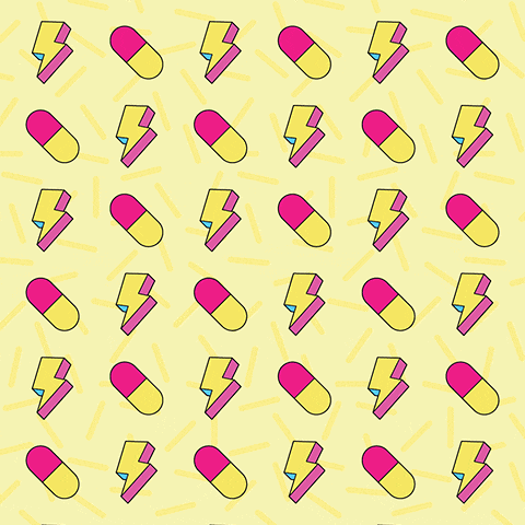 a seamless pattern of pink and yellow pills and lightning bolts on a yellow background