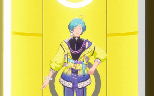 a person with blue hair is wearing a yellow jacket and pearls around their neck