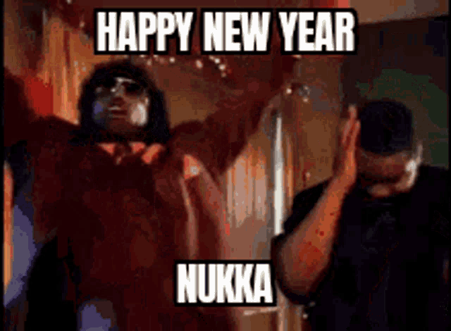 a happy new year greeting with a picture of two men