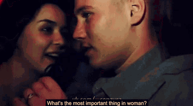 a man and a woman are looking at each other and the man is asking the woman what 's the most important thing in woman