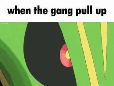 a close up of a cartoon character with the words `` when the gang pull up '' above it .