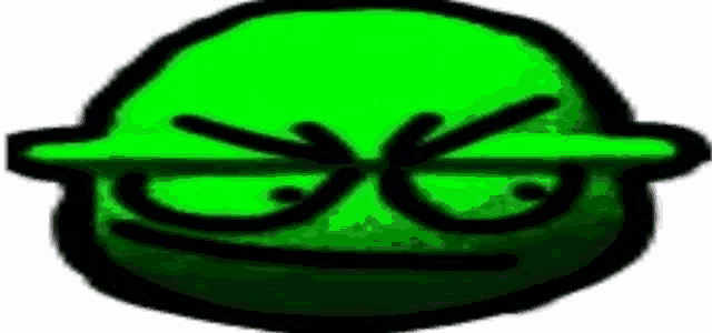 a green cartoon face with an angry expression and a hat .