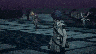 a woman is standing on a dock in a video game while a group of people are walking .