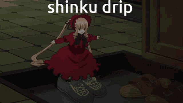 a girl in a red dress is standing on a pair of shoes with the words shinku drip written above her