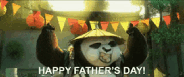 a panda bear wearing a conical hat says happy fathers day
