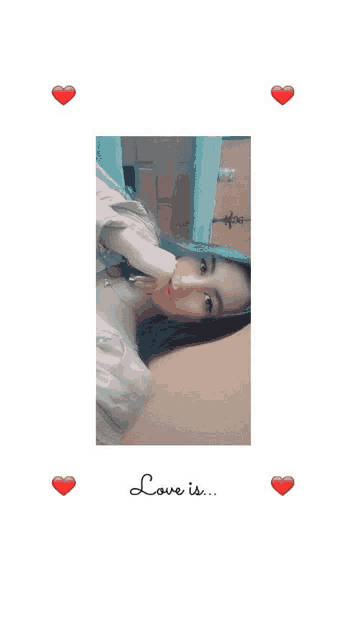 a picture of a woman with hearts around her and the words love is on the bottom
