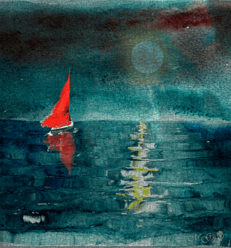 a painting of a red sailboat in the ocean with a watermark that says mc
