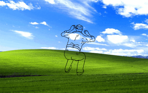 a drawing of a man in a field with a blue sky