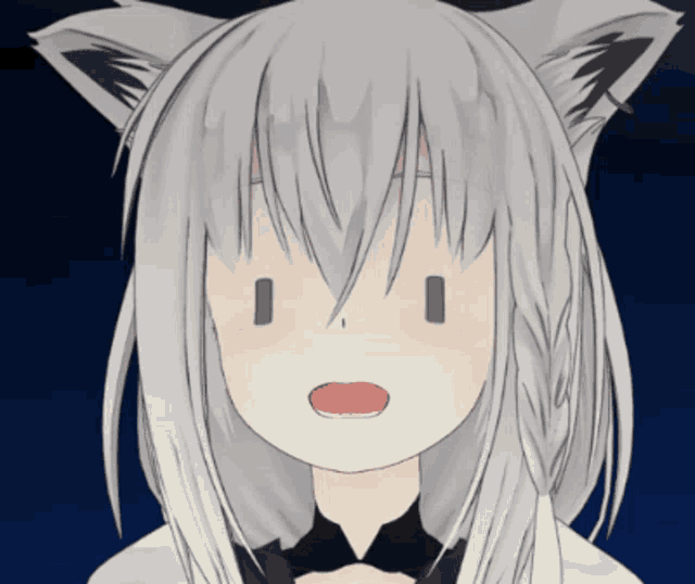 a girl with white hair and cat ears is making a funny face
