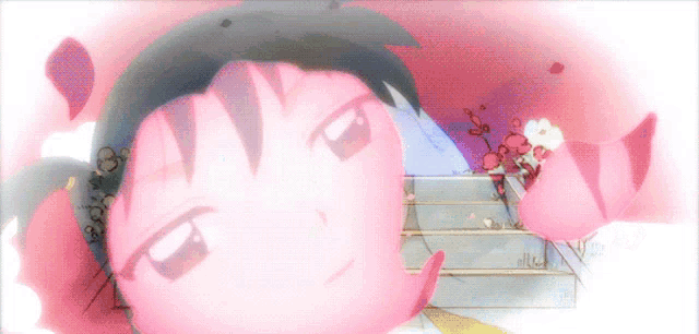 a pink cartoon character is laying on a staircase with flowers in the background