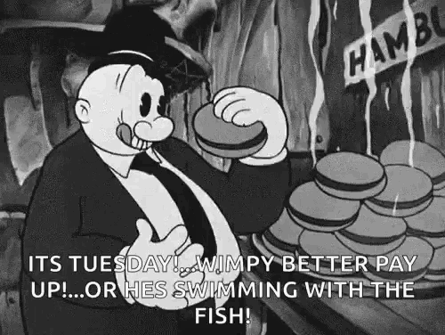 a black and white cartoon of a man eating a hamburger and saying `` it 's tuesday ! ''