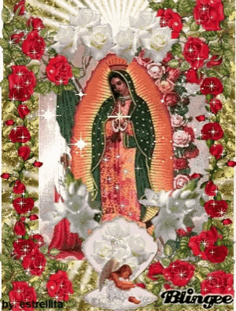 a picture of the virgin mary is surrounded by red roses and white flowers
