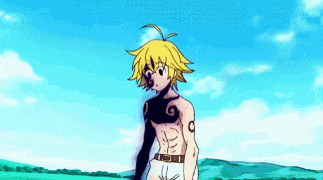 a cartoon character with a tattoo on his chest is standing in a field with a blue sky in the background .