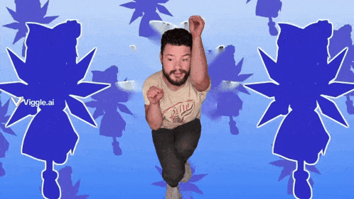 a man with a beard wearing a t-shirt that says ' viggle.ai ' on it