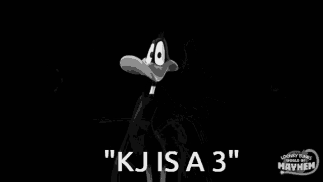a black and white image of a cartoon character with the words " kj is a 3 " on the bottom