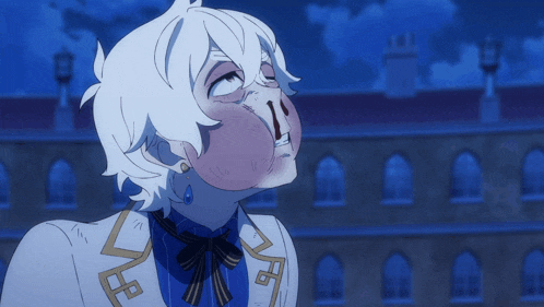 a cartoon character with white hair and a blue bow tie has a huge nose