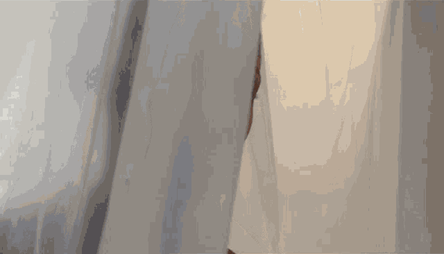 a woman behind a white curtain looks at the camera