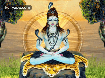 a painting of a deity sitting on a tiger blanket