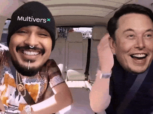elon musk and a man with a beard wearing a hat that says multivers