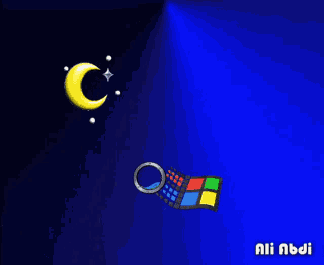 a blue background with a crescent moon and windows logo