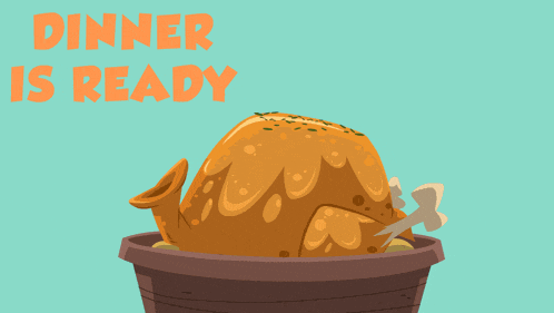 a cartoon illustration of a turkey with the words dinner is ready above it