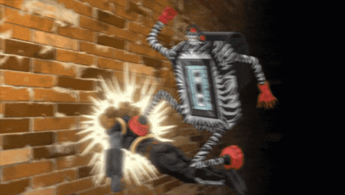 a cartoon character with a cassette tape on his back