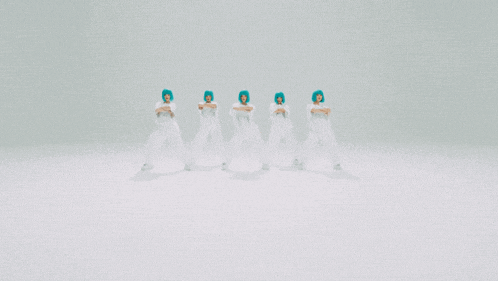 a group of women wearing white and blue wigs are standing in a row