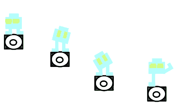 a group of robots are standing on speakers with a target in the middle