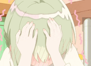 a girl with green hair covering her eyes with her hands