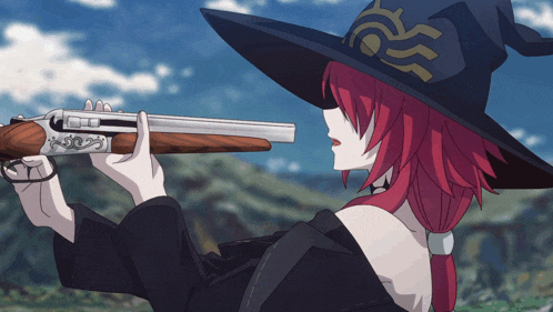a girl with red hair is holding a shotgun