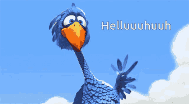 a blue bird with an orange beak is standing in front of a blue sky and the words helluuhuuh are above it