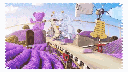 a picture of a roller coaster with purple flowers and a teddy bear in the background