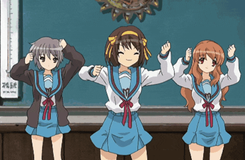 three anime girls are dancing in front of a clock that says ' thermometer ' on it